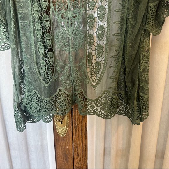 Simply Couture Sage Green Tab Sleeve Knit Lace Peacock Open Cardigan - Picture 7 of 10